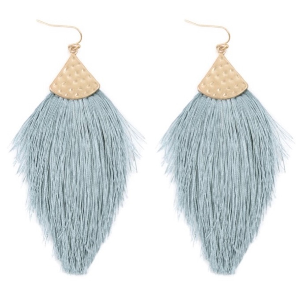 Bohemian Thread Tassel Drop Earrings Light Blue - Picture 2 of 3